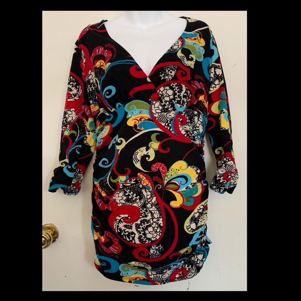 Sz XL Multicolor Surplice Ruched Bisou Bisou Tunic